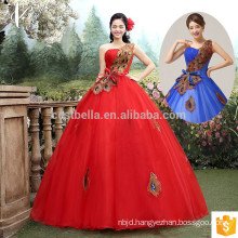 Red Lace Appliqued Strapless Floor Length Tulle Puffy Ball Gown Wedding Dress